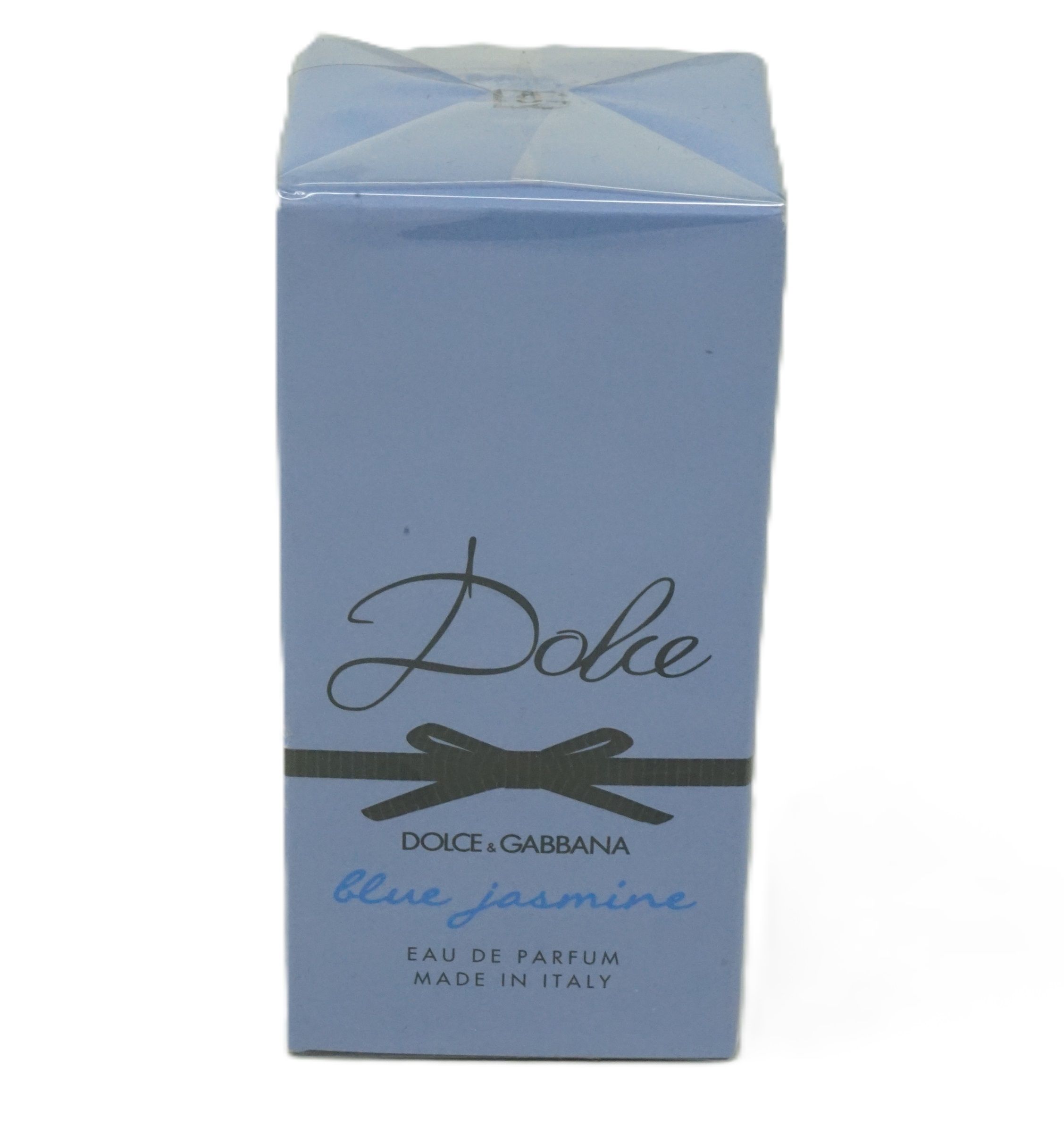 Confezione profumo azzurra con fiocco nero e scritta Dolce & Gabbana Dolce Blue Jasmine.