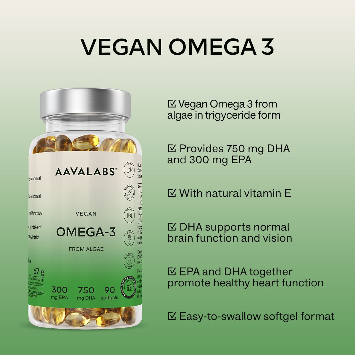 Flacone di capsule con testo. Vegan Omega-3. Contiene 750 mg di DHA e 300 mg di EPA. Con vitamina E naturale. Scritta bianca.