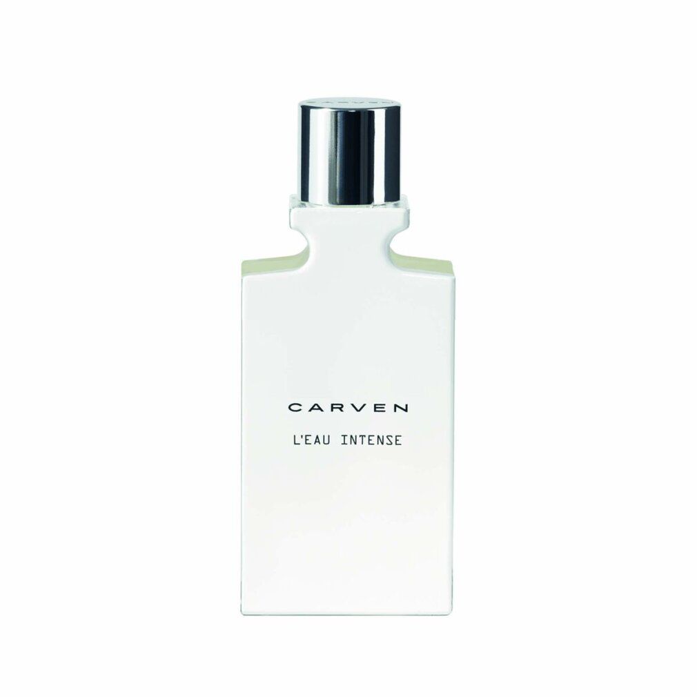Flacone bianco con tappo argentato. Scritta: CARVEN L'EAU INTENSE.