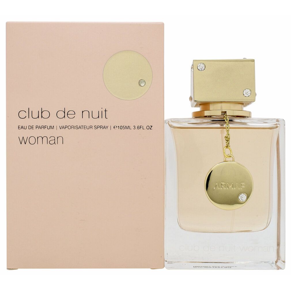 Flacone di profumo e confezione. Flacone con tappo e pendente dorati. Confezione rosa con nome del prodotto.