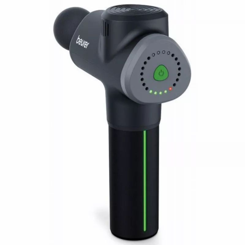 Pistola massaggiante nera con dettagli grigi. Display LED verde. Logo Beurer. Parte superiore con pulsanti. Striscia verde sull'impugnatura.