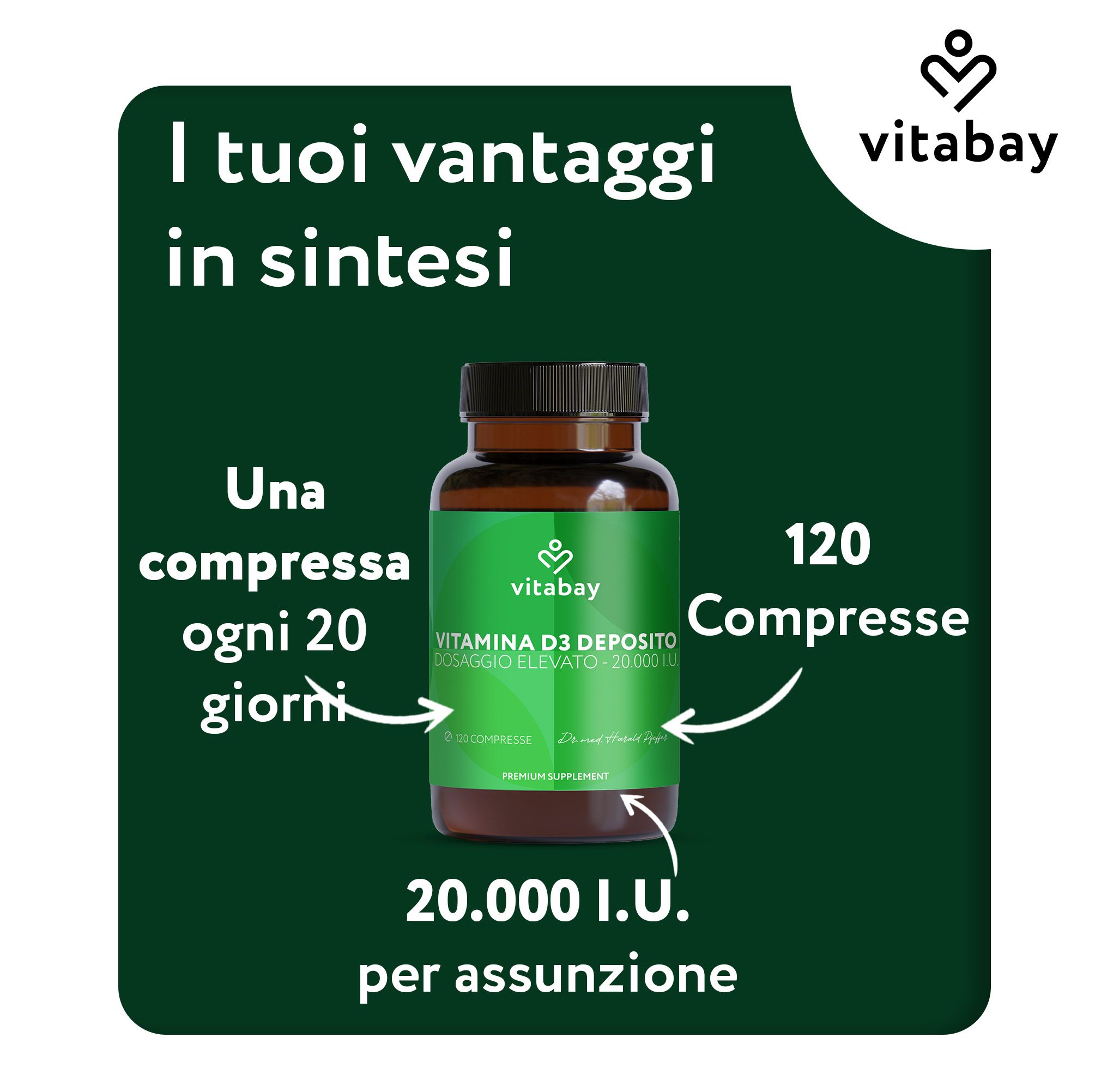 Flacone marrone con compresse. Vitabay Vitamina D3 Depot. 120 compresse. 20.000 UI per assunzione.