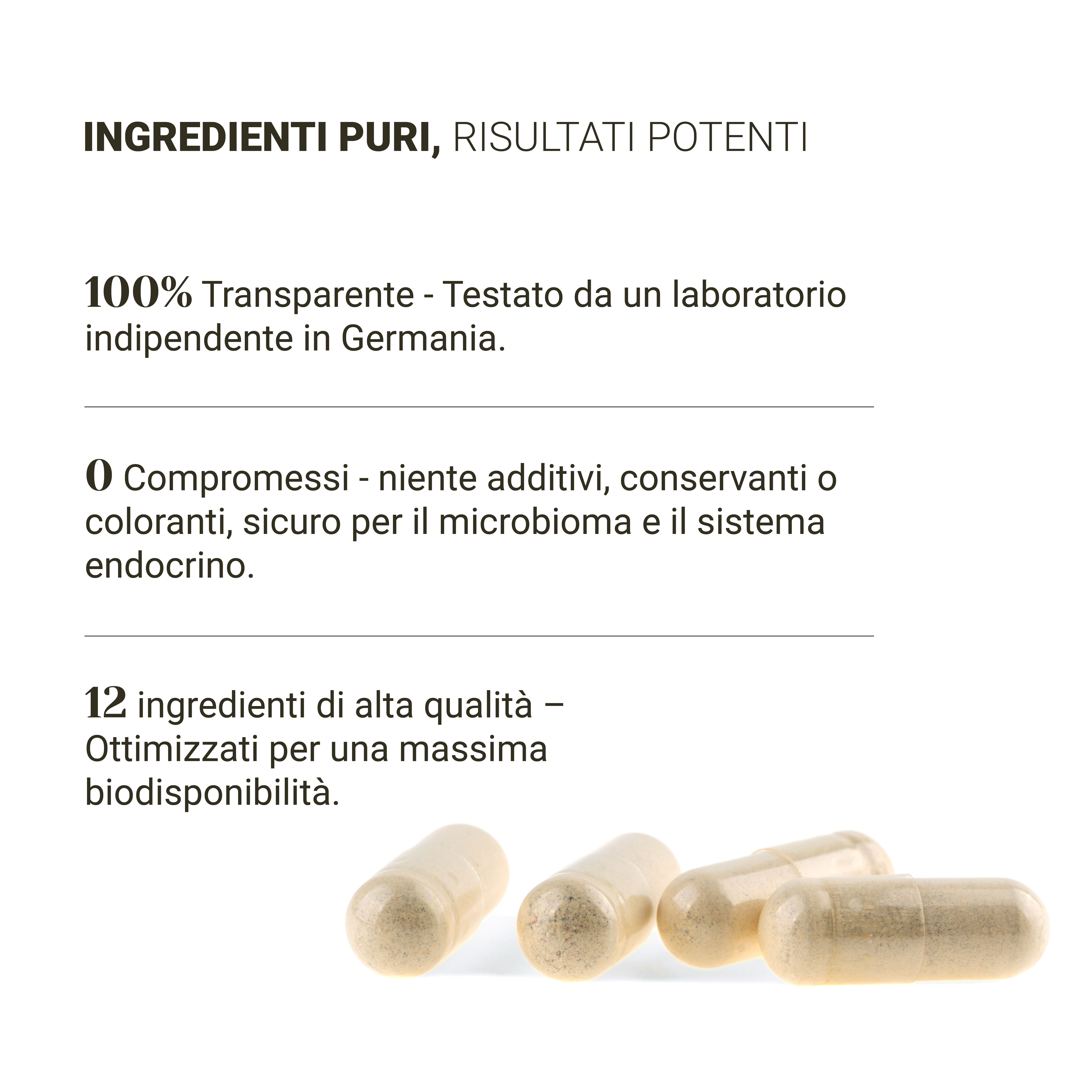 Capsule su sfondo bianco. Testo: Ingredienti puri, risultati potenti. 100% trasparente.