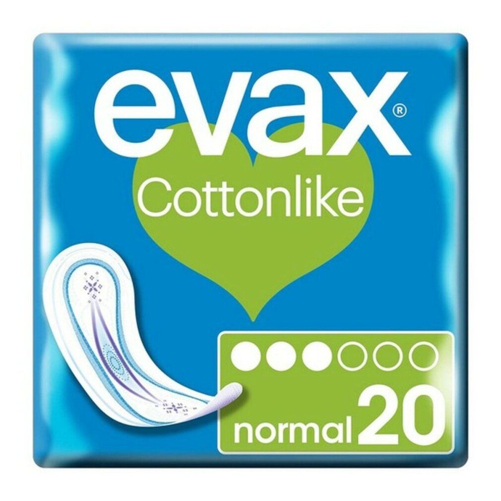 Confezione blu di assorbenti Evax Cottonlike Normal. Scritte: 20 pezzi. Illustrazione di un singolo assorbente.