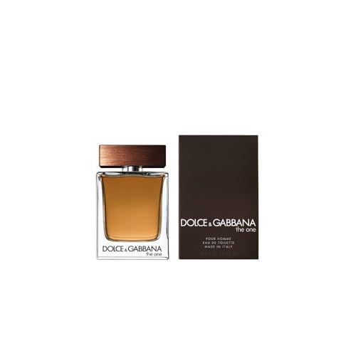 Flacone in vetro con tappo marrone e scatola. Scritta: Dolce & Gabbana, The One, Made in Italy.
