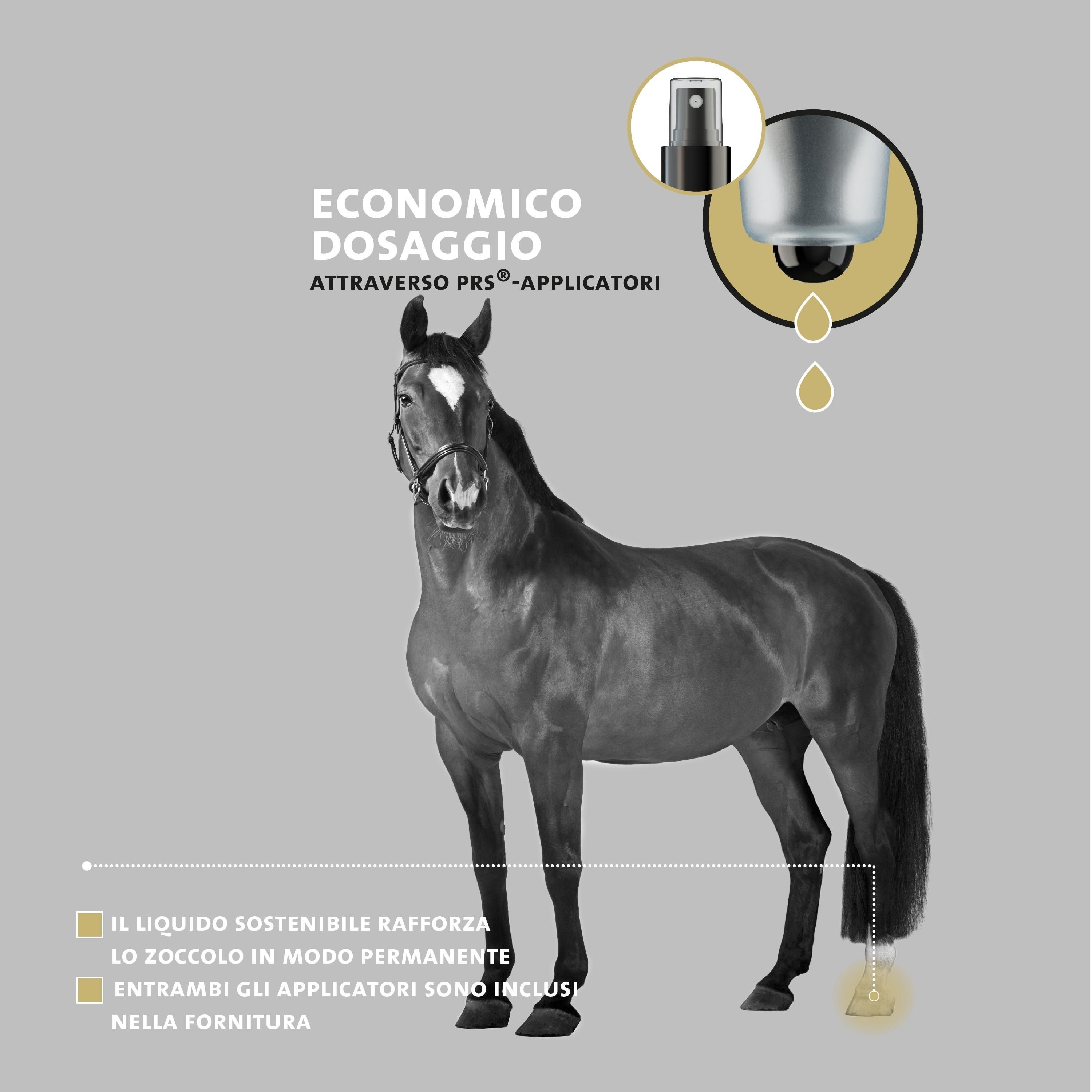 Cavallo con stella bianca. Testo: Dosaggio economico tramite applicatori PRS. Gocce che cadono dall'applicatore.