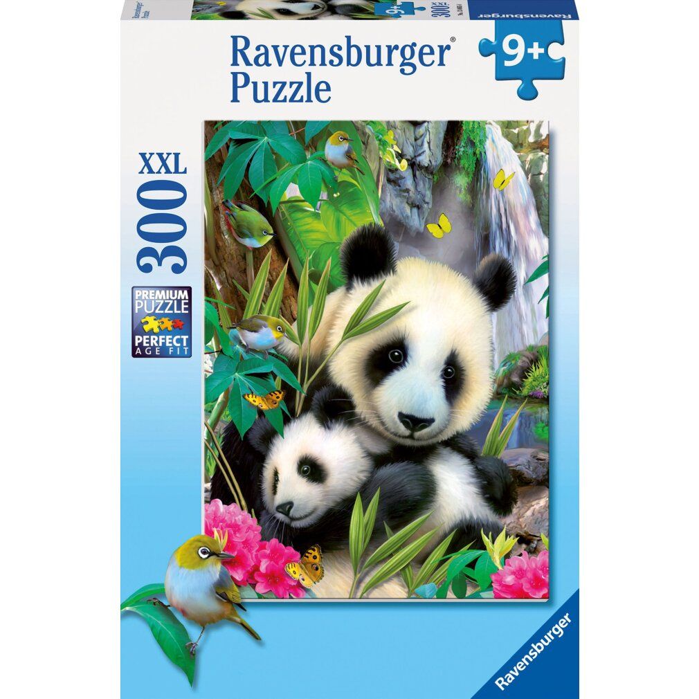 Confezione puzzle con panda, uccelli e farfalle. Marchio Ravensburger. 300 pezzi.