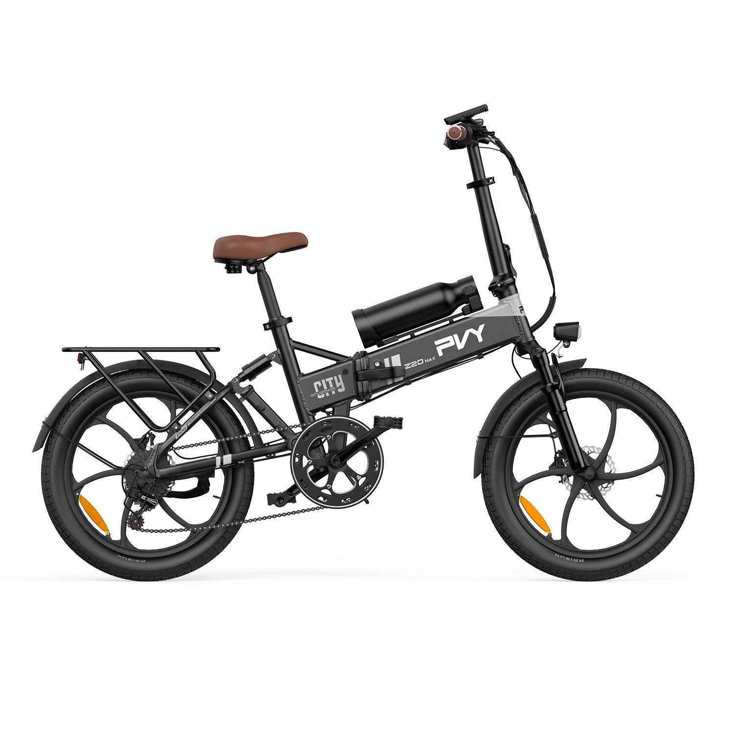 E-bike nero con sella marrone e batteria. Scritta PVY Z20 MAX.