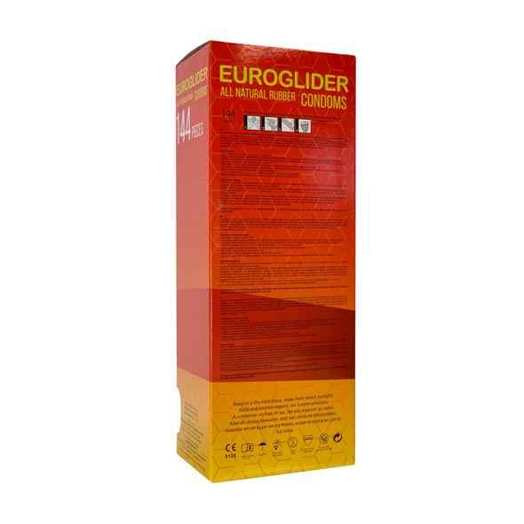 Retro della confezione Euroglider. Scritta: All Natural Rubber Condoms. Contiene 144 pezzi. Design giallo-rosso con informazioni.