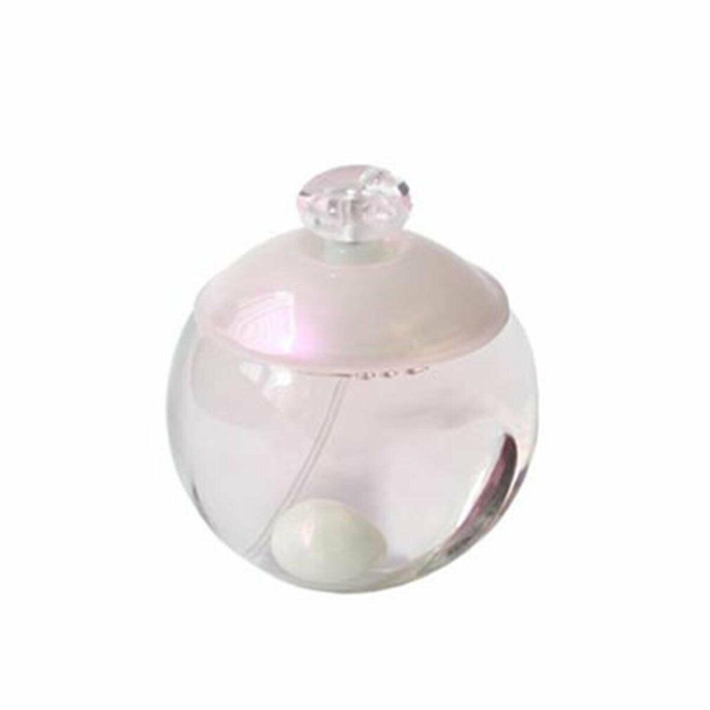 Flacone rotondo in vetro con contenuto rosa iridescente. Un punto bianco all'interno. L'atomizzatore è visibile.