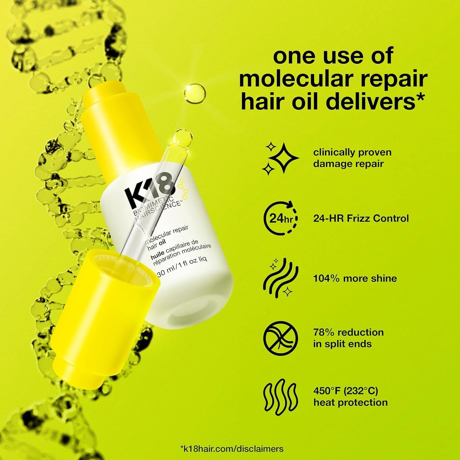 Flacone con tappo giallo e pipetta. Testo: K18, molecular repair hair oil, 30 ml/1 fl oz liq. Grafici che mostrano i benefici.