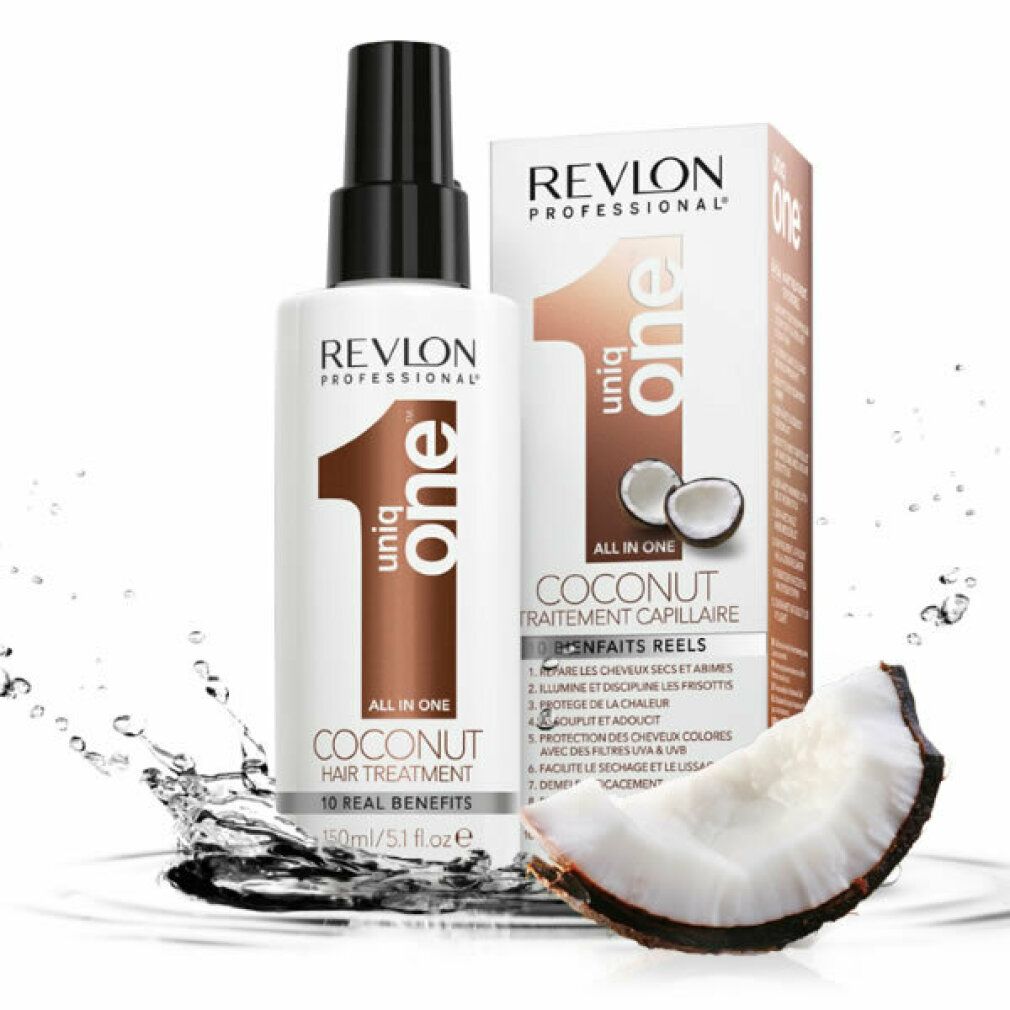 Revlon Uniq One Coconut Hair Treatment. Bottiglia e confezione. Fetta di cocco. Scritta: 10 Real Benefits.