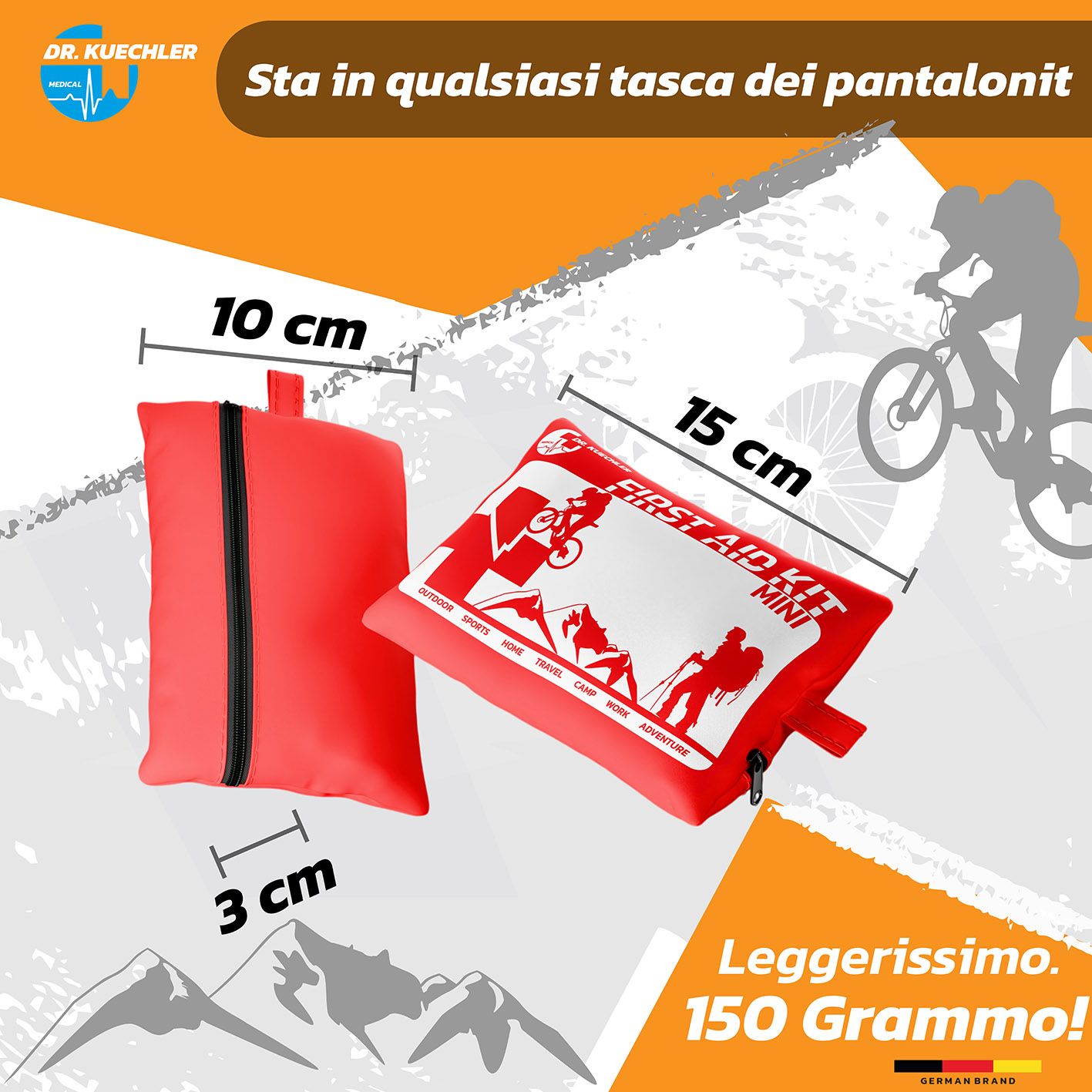 Kit di pronto soccorso rosso, 15x10x3 cm. Stampa: First Aid Kit Mini. Cerniera nera. Dimensioni: 10 cm, 15 cm, 3 cm.