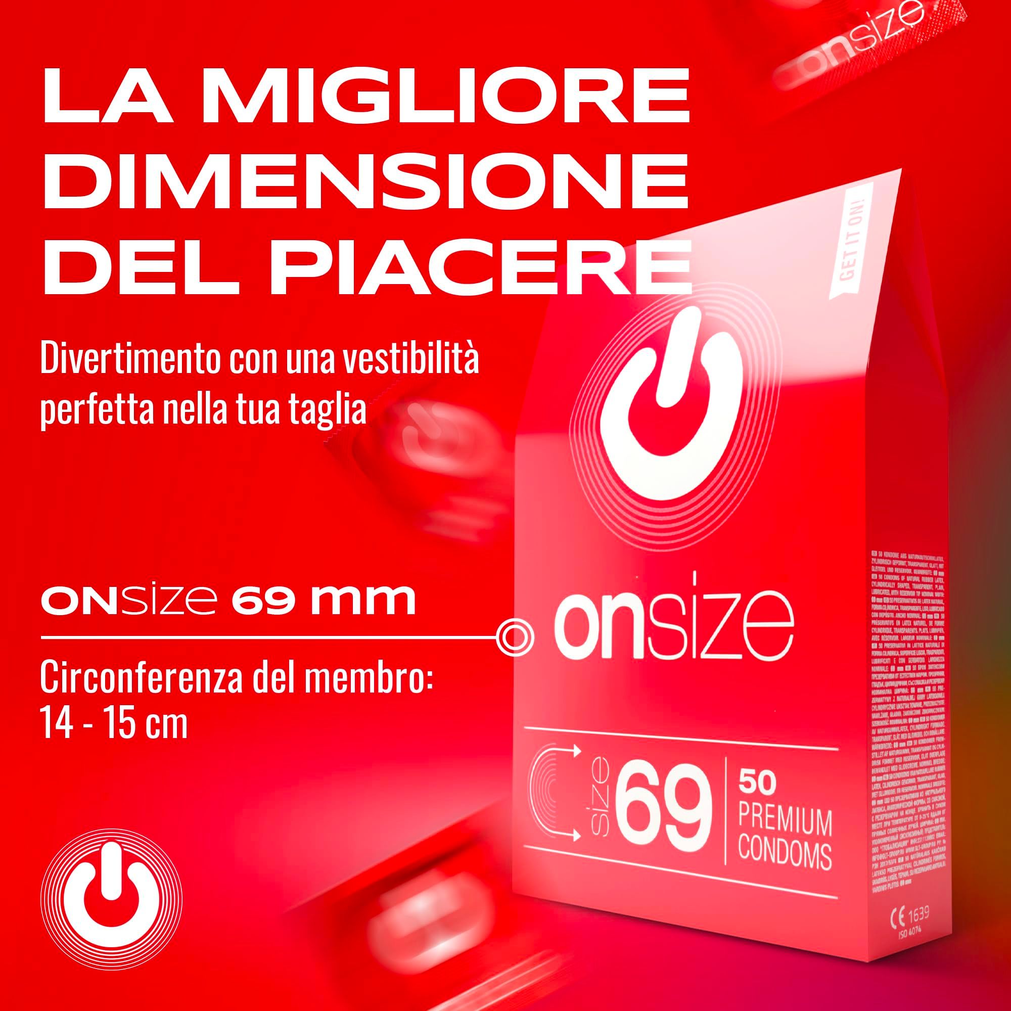 Confezione ONsize 69 mm, 50 preservativi premium. Testo: "La migliore dimensione del piacere".
