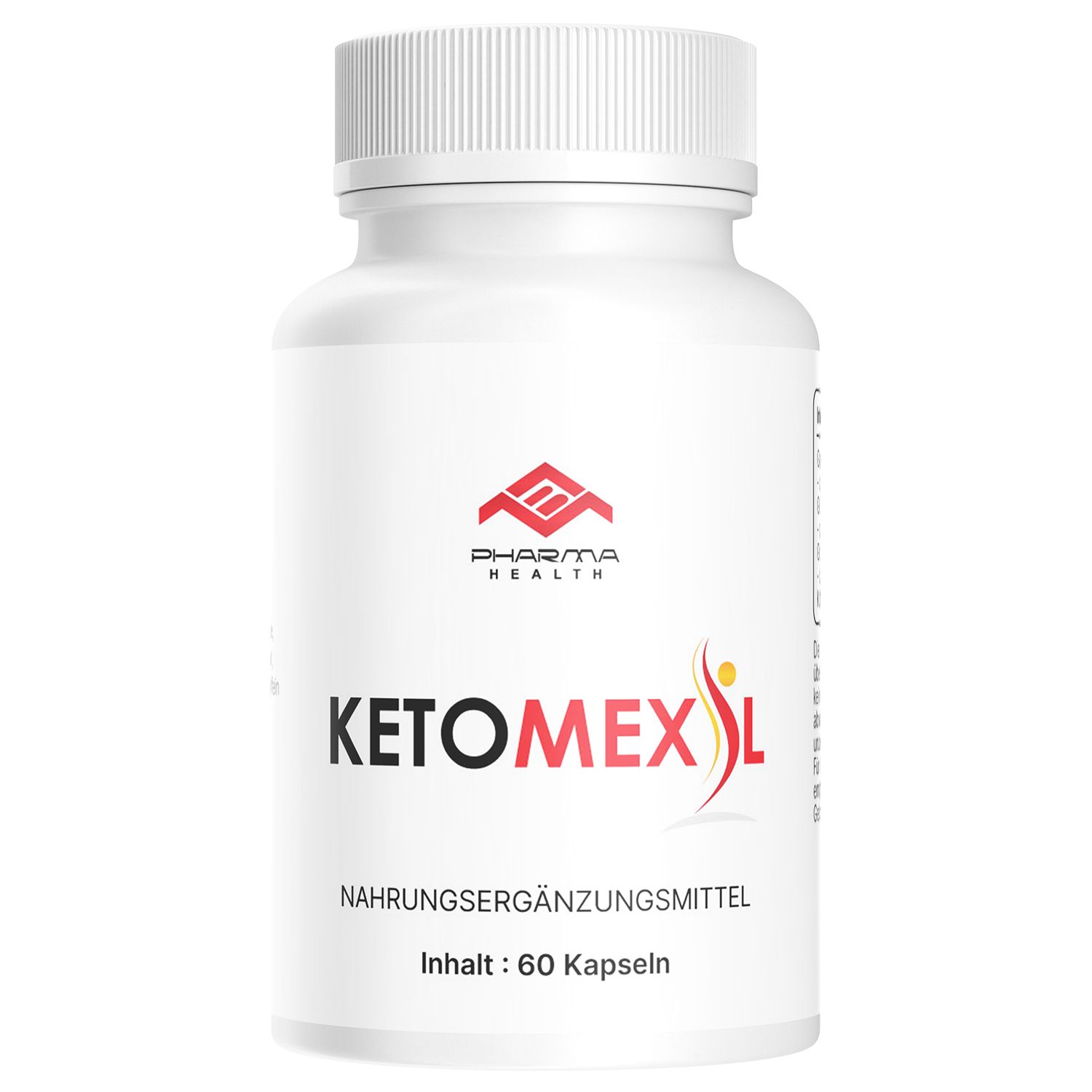 Flacone bianco con capsule. Scritta: Pharma Health, Ketomexil, integratore alimentare, contenuto: 60 capsule.