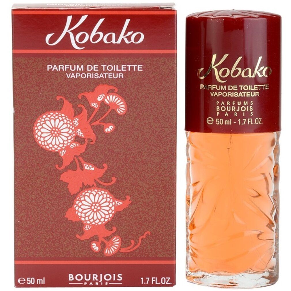 Kobako Eau de Toilette. Flacone e confezione. Tappo rosso, confezione marrone con motivo floreale. 50 ml.