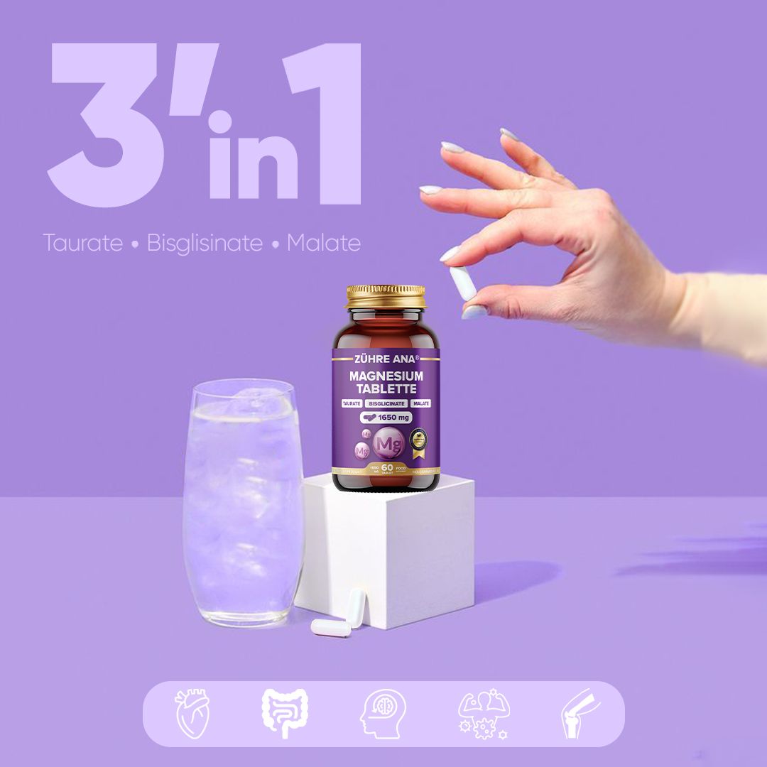 Zühre Ana Magnesio compresse 1650 mg: 3 forme di magnesio, bicchiere d'acqua, compresse.