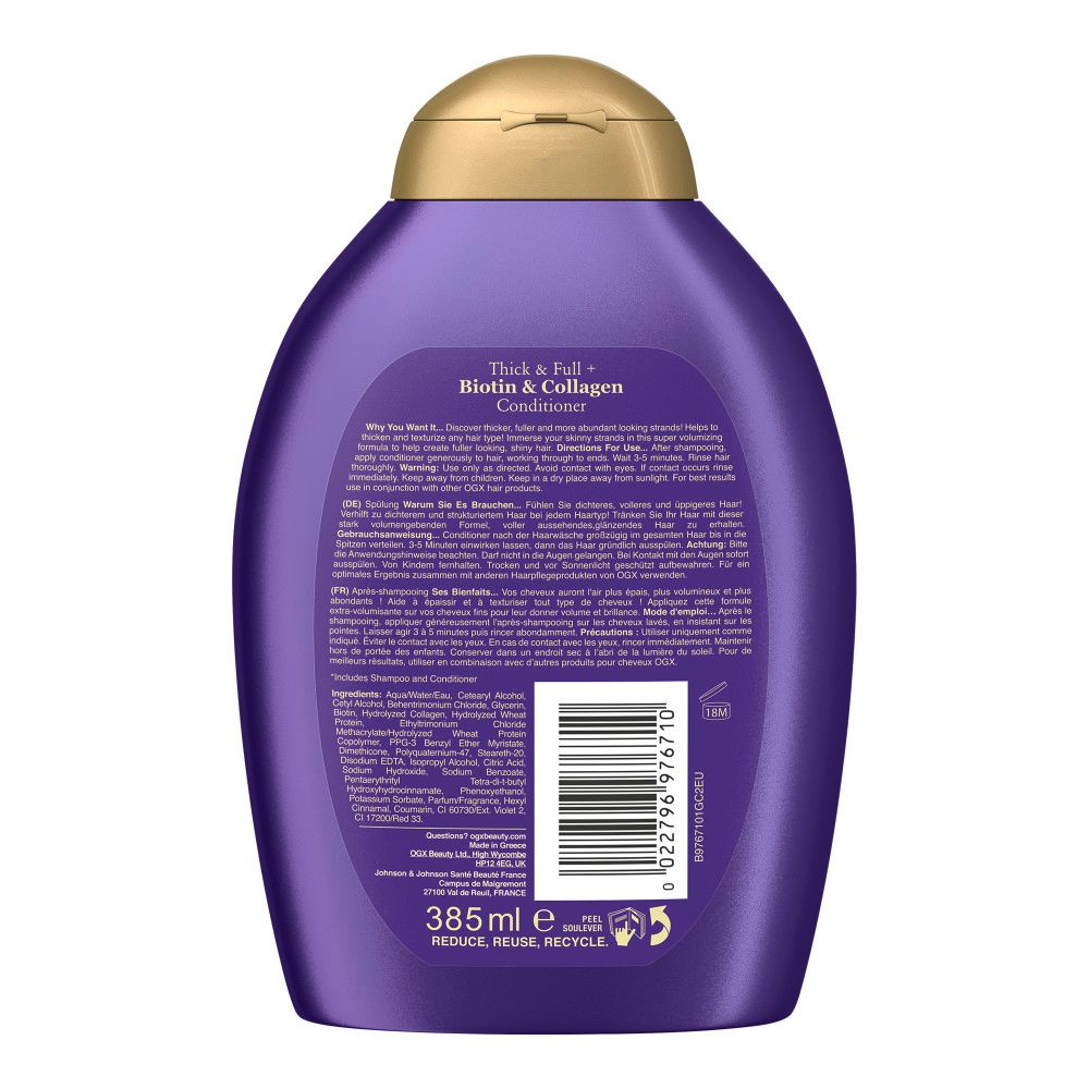 Retro di un flacone di balsamo viola. Testo: Ingredienti, volume: 385 ml. Con simbolo di riciclaggio.