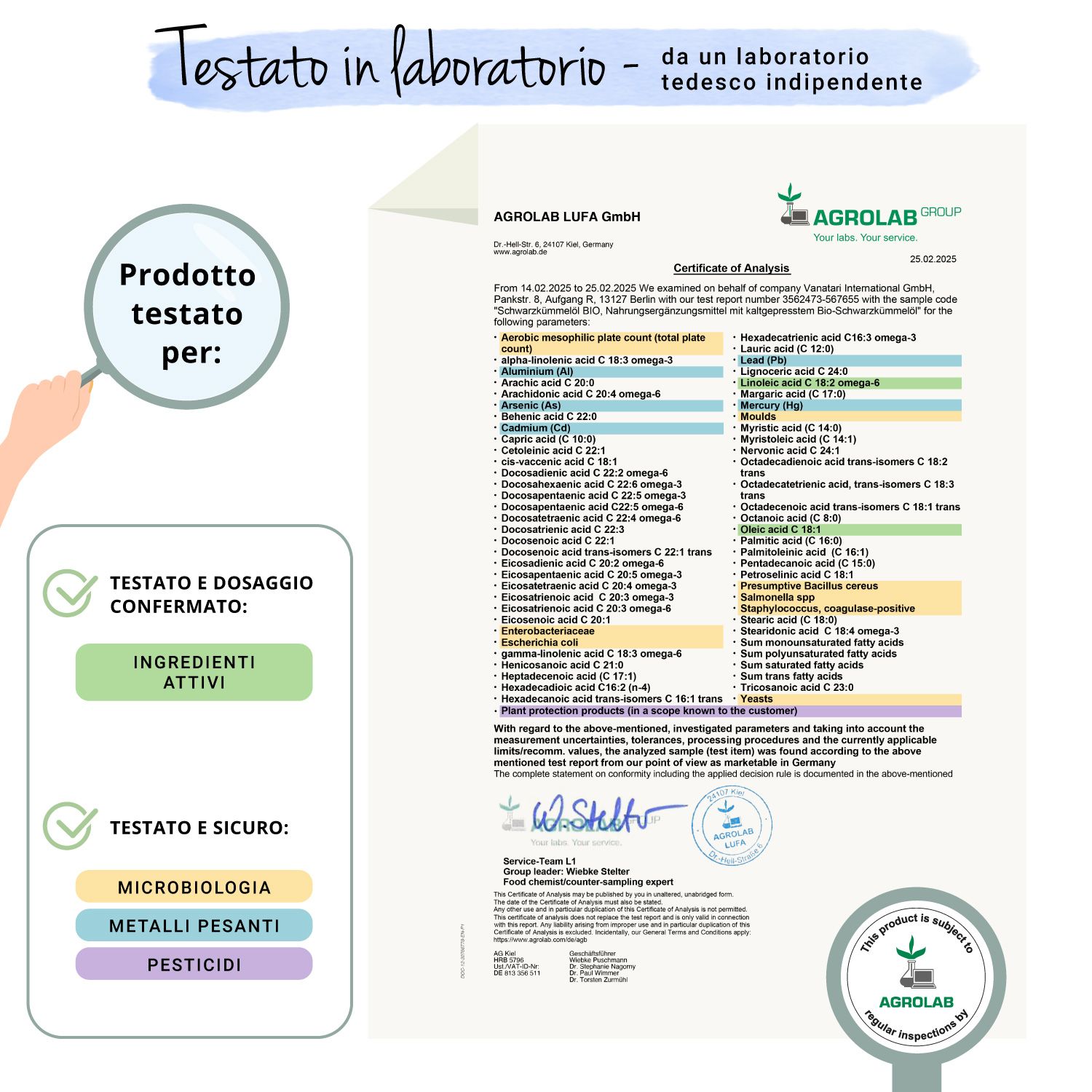 Rapporto di laboratorio con risultati dei test. Conferma degli ingredienti bioattivi. Testato per microbiologia, metalli pesanti, pesticidi.