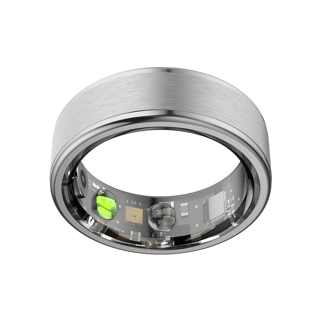 Anello argento con componenti interni visibili. Sensori e LED verde.