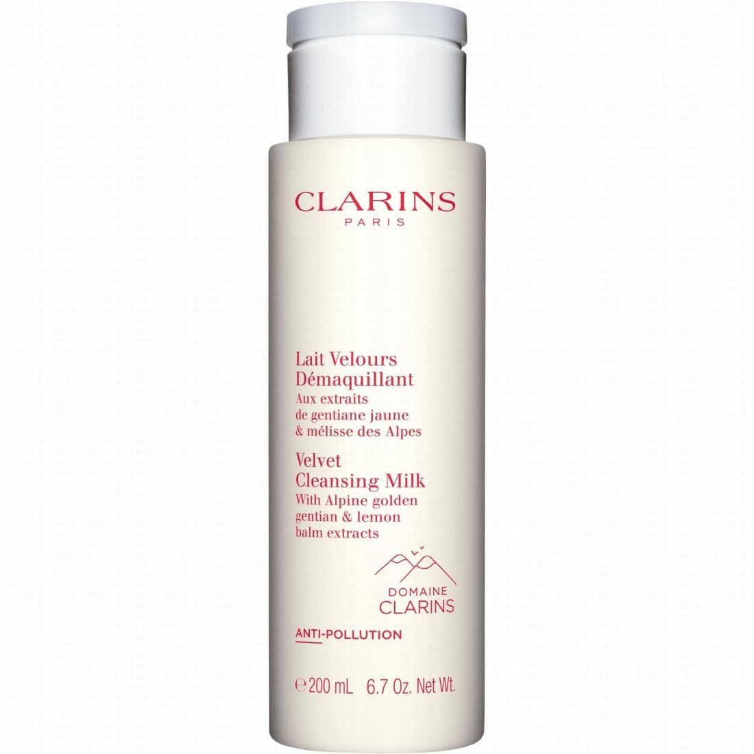 Flacone bianco CLARINS. Contiene Lait Velours Demaquillant. Testo in francese e inglese. 200 ml.