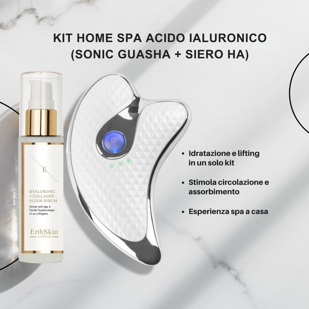 Kit con siero e Gua Sha. Gua Sha con LED blu. Testo: Idratatione e lifting in un solo kit.