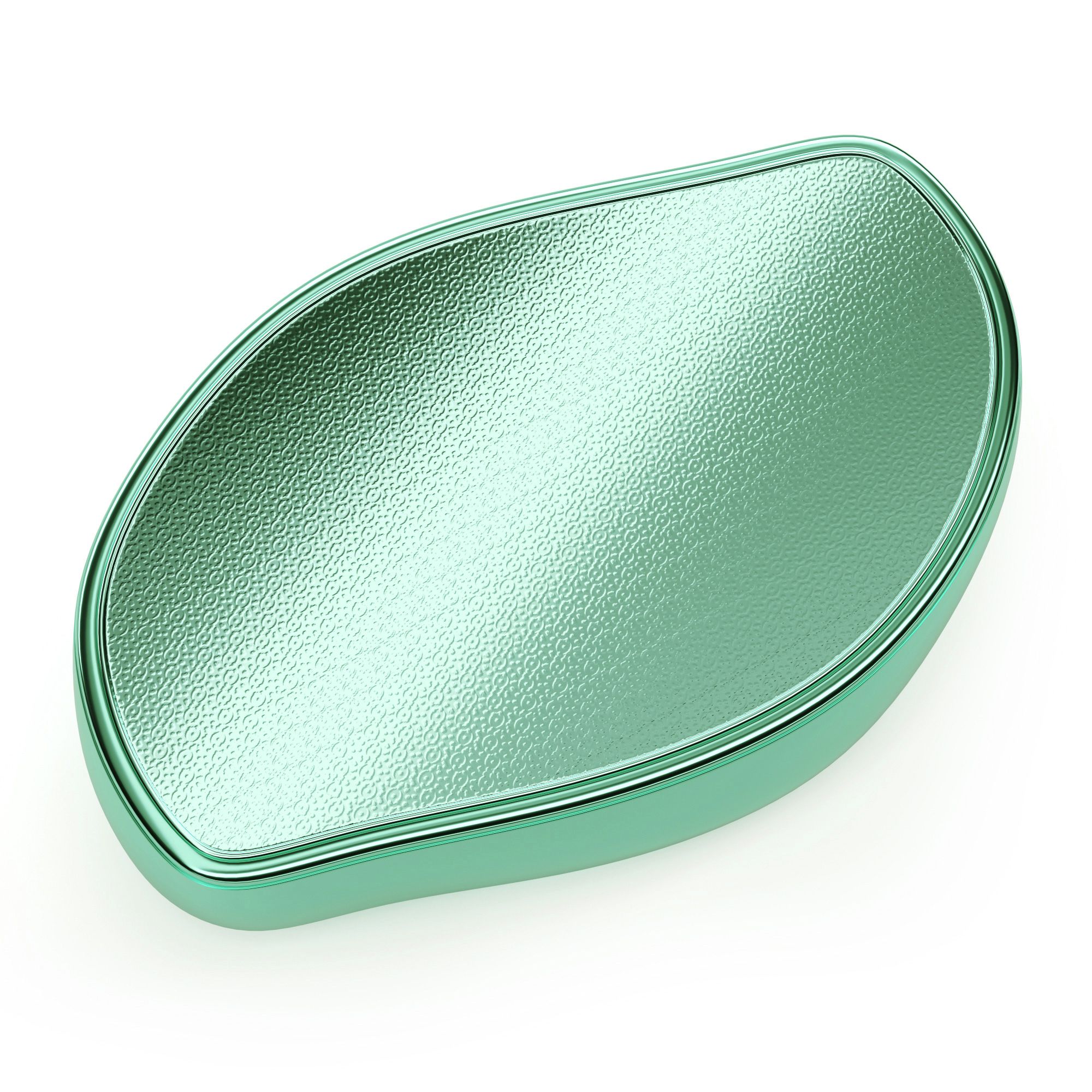 Dispositivo per pedicure ovale verde con superficie strutturata. Bordo verde lucido.