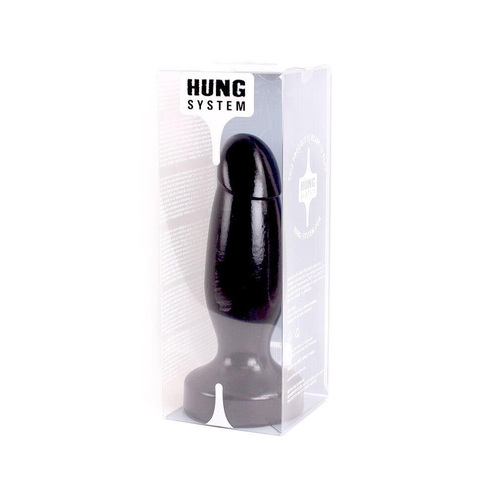 Prodotto nero in una scatola di plastica trasparente. Logo "HUNG SYSTEM" sulla confezione. Su sfondo bianco.