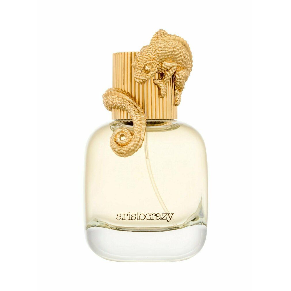 Flacone di profumo con tappo dorato e decorazione a rettile. Scritta: aristocrazy. Flacone in vetro trasparente con liquido giallastro.