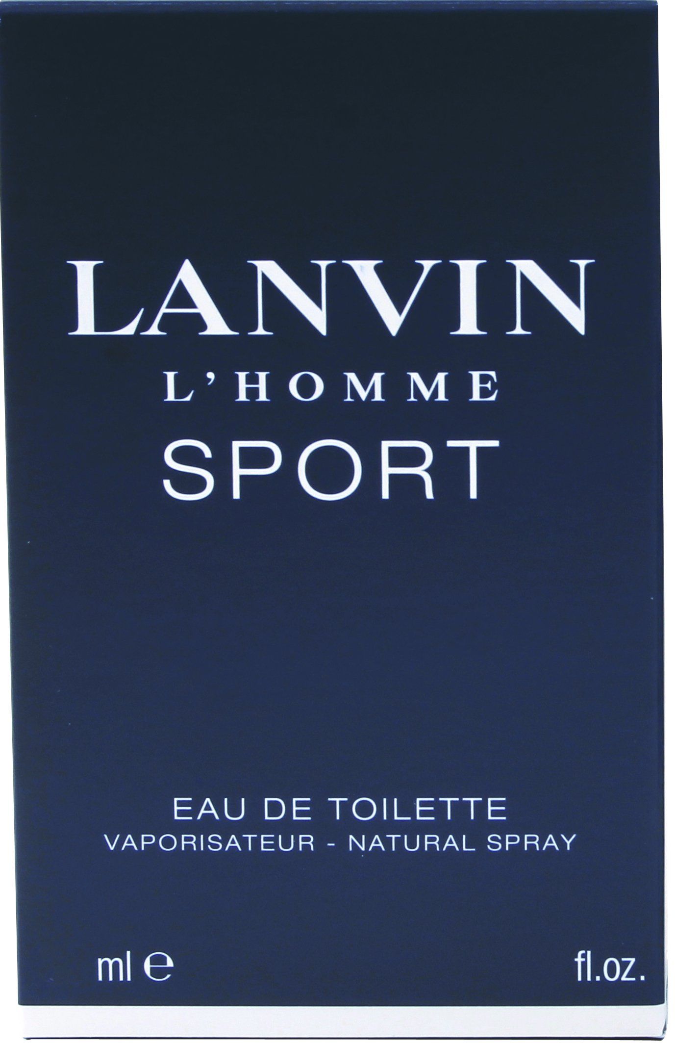 Scatola blu scuro con scritta bianca. Scritta: LANVIN L'HOMME SPORT. Eau de Toilette.