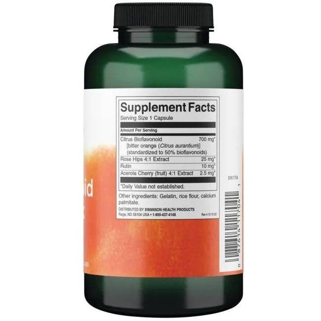 Retro del flacone verde Swanson Citrus Bioflavonoid Complex. Informazioni nutrizionali su etichetta bianca.