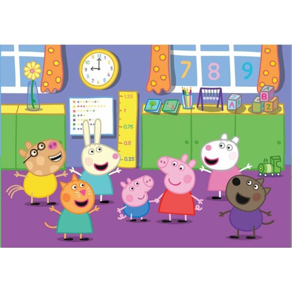 Puzzle Peppa Pig, scena in classe. Personaggi davanti lavagna, orologio, numeri. Puzzle Clementoni.