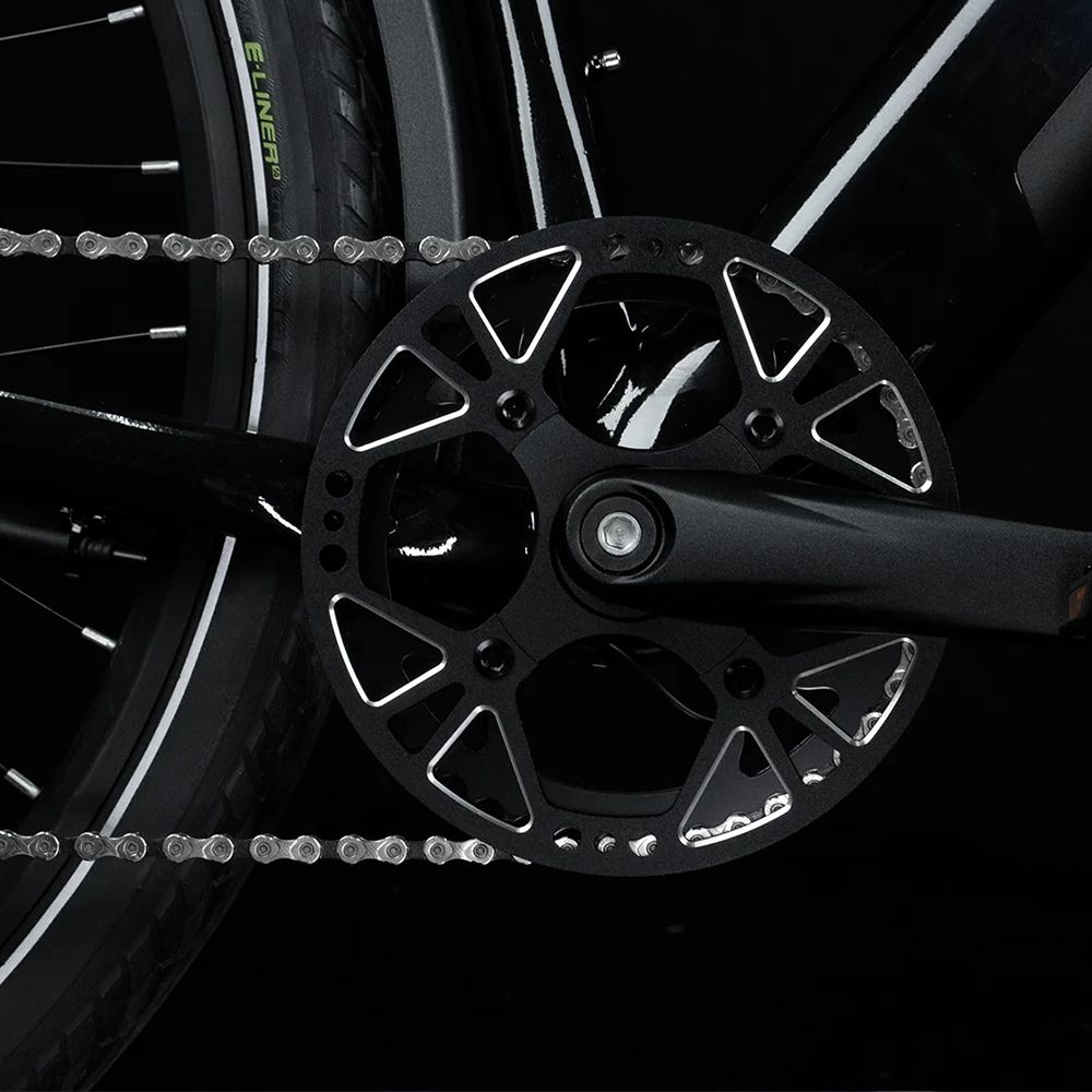 Primo piano della guarnitura di una e-bike nera. Catena e corona neri con denti.