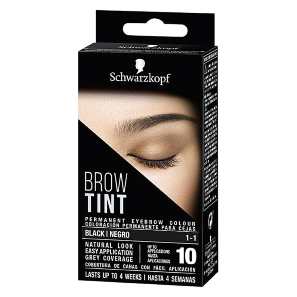 Schwarzkopf Brow Tint, nero 1-1. Confezione nera con immagine sopracciglia. Testo: Colore permanente sopracciglia, fino a 10 applicazioni.
