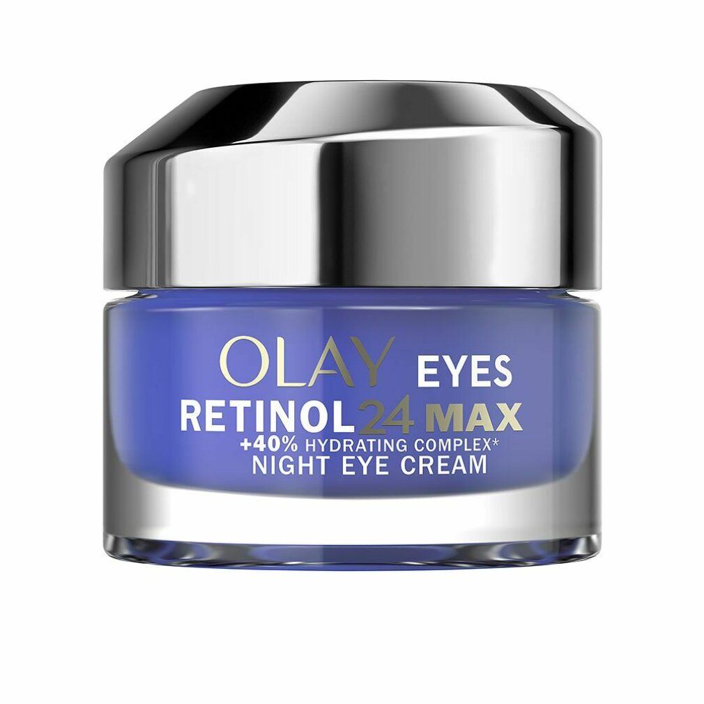 Vasetto di crema blu con coperchio argentato. Scritta: Olay Eyes Retinol 24 Max Night Eye Cream.