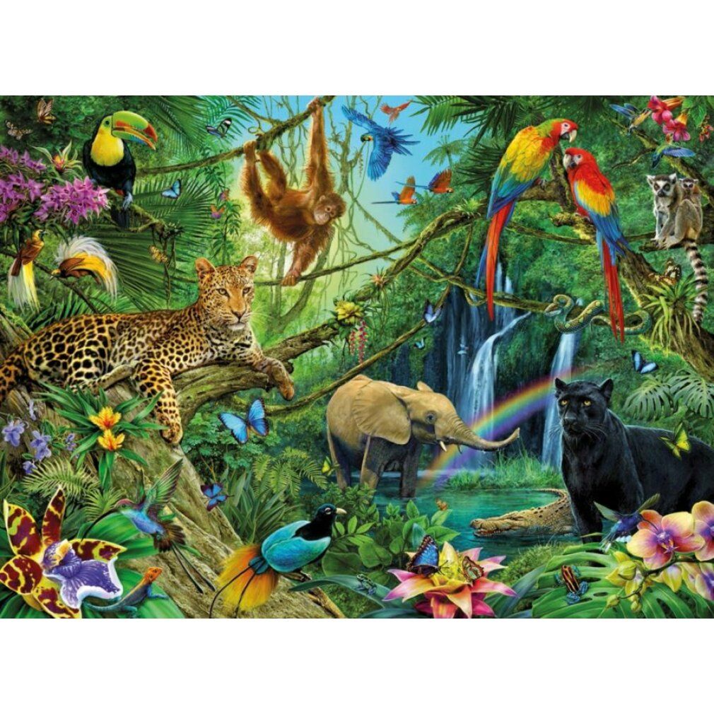 Puzzle della giungla con animali: leopardo, scimmia, pappagalli, elefante, pantera. Sfondo con cascata e arcobaleno.