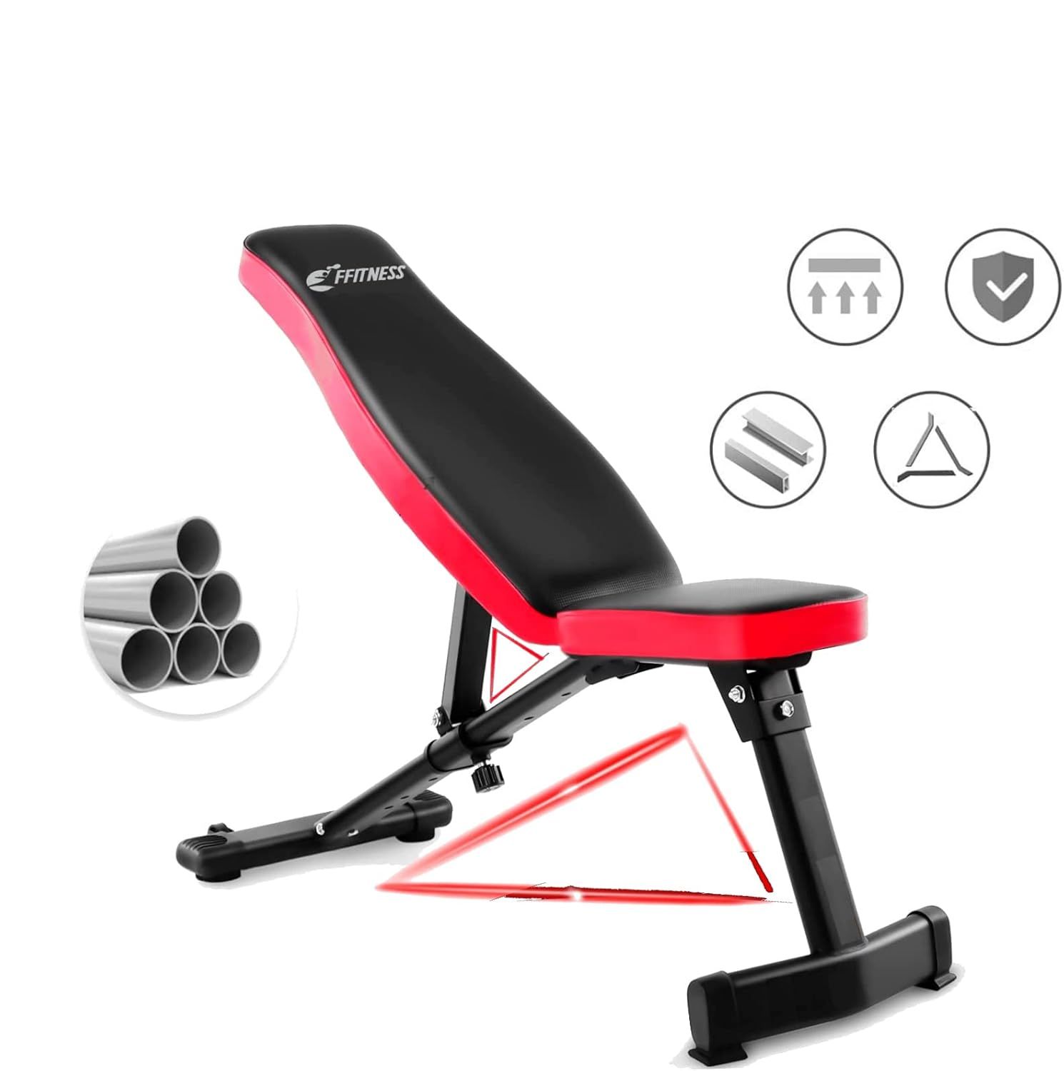 Panca fitness con imbottitura rossa e nera. Struttura nera. Logo FFitness. Rappresentazioni grafiche delle caratteristiche.