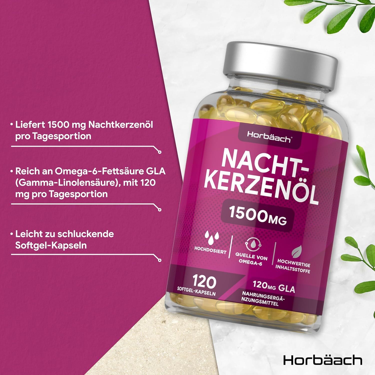Flacone di capsule di olio di enotera Horbaach. 120 capsule, 1500mg. Testo: 1500 mg di olio di enotera per porzione.