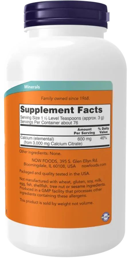 Retro del barattolo. Etichetta arancione con informazioni nutrizionali e ingredienti. Contiene citrato di calcio. Prodotto negli Stati Uniti.