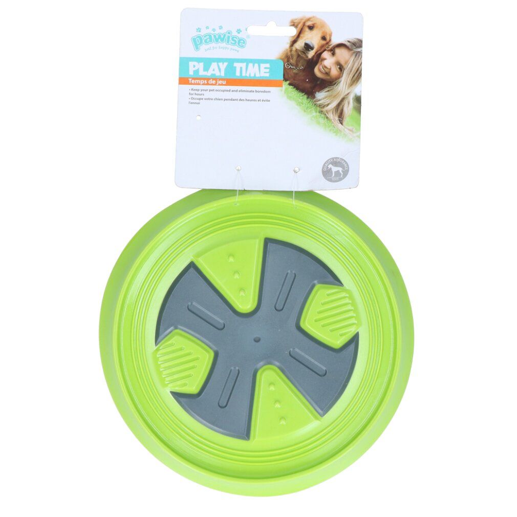 Giocattolo per cani verde e grigio a forma di disco. Logo Pawise e "Play Time" sulla confezione. Marchio di qualità.
