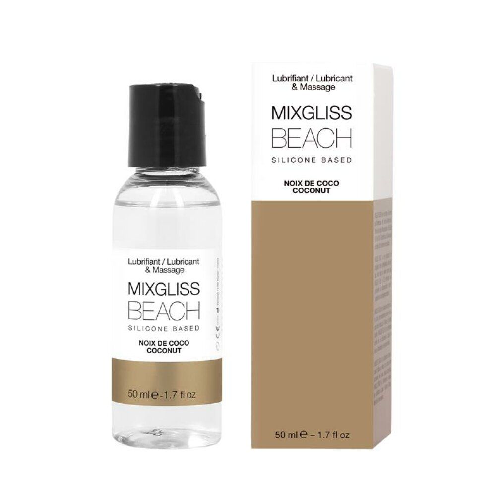 Lubrificante al silicone Mixgliss Beach Cocco, flacone e confezione da 50ml.