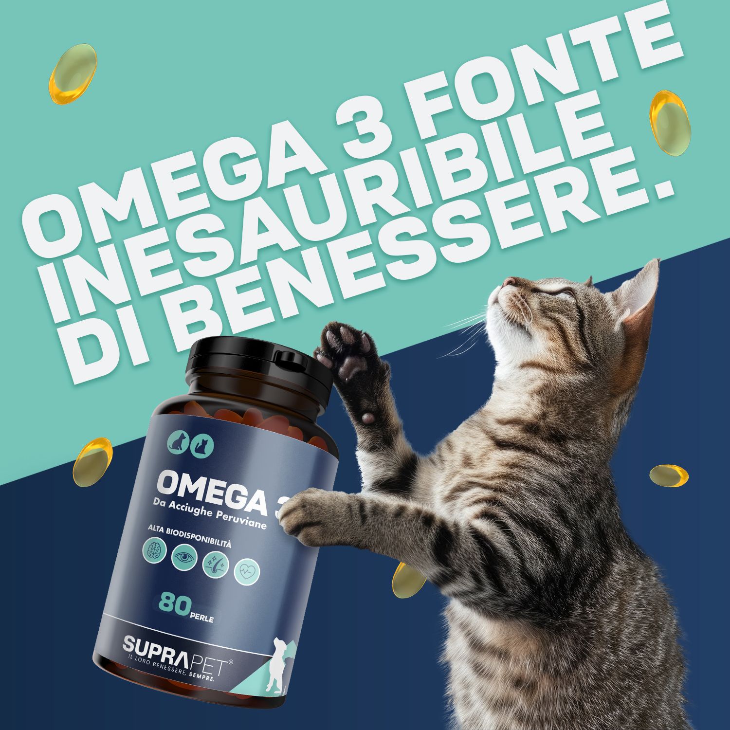 Flacone marrone di perle Omega-3 per animali domestici, 80 pezzi, marca SUPRAPET.