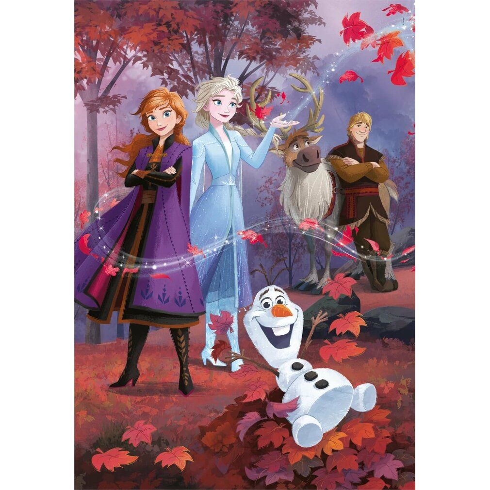 Puzzle Clementoni con motivo Frozen. Personaggi: Elsa, Anna, Olaf, Kristoff e Sven. Scena autunnale con foglie rosse.