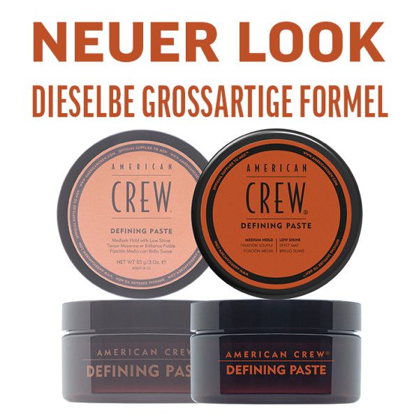 Tre barattoli di AMERICAN CREW Defining Paste. Due in alto, uno in basso. Testo: Nuovo look, stessa formula. Defining Paste.