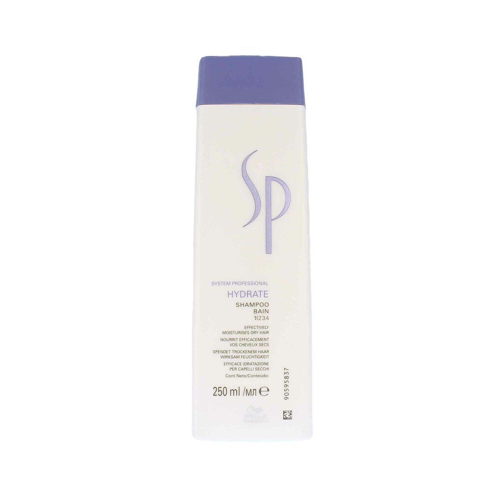 Shampoo bianco, tappo viola. Logo SP e nome prodotto. 250 ml. Logo Wella.