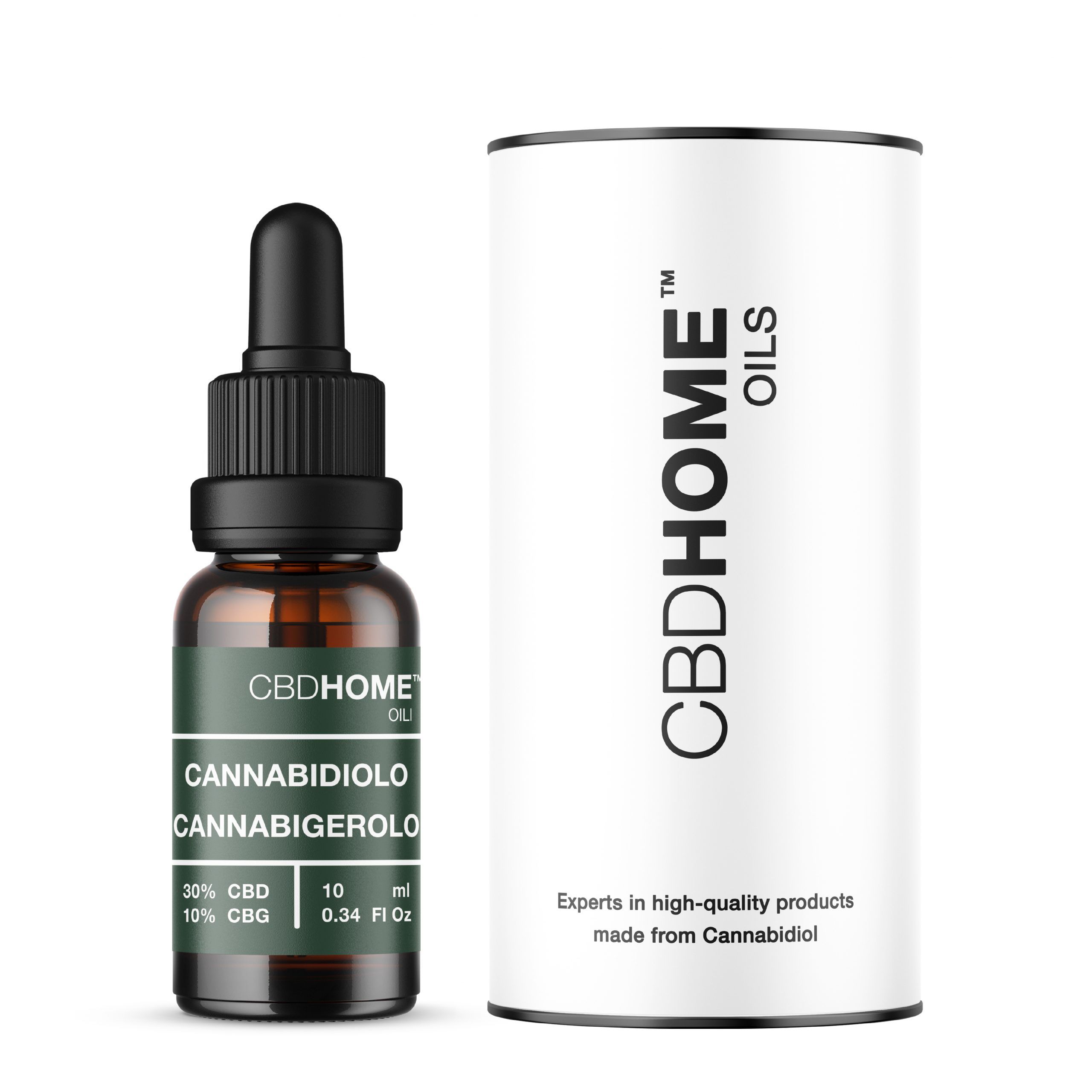 Flacone di olio CBDHOME con contagocce accanto a una confezione cilindrica.