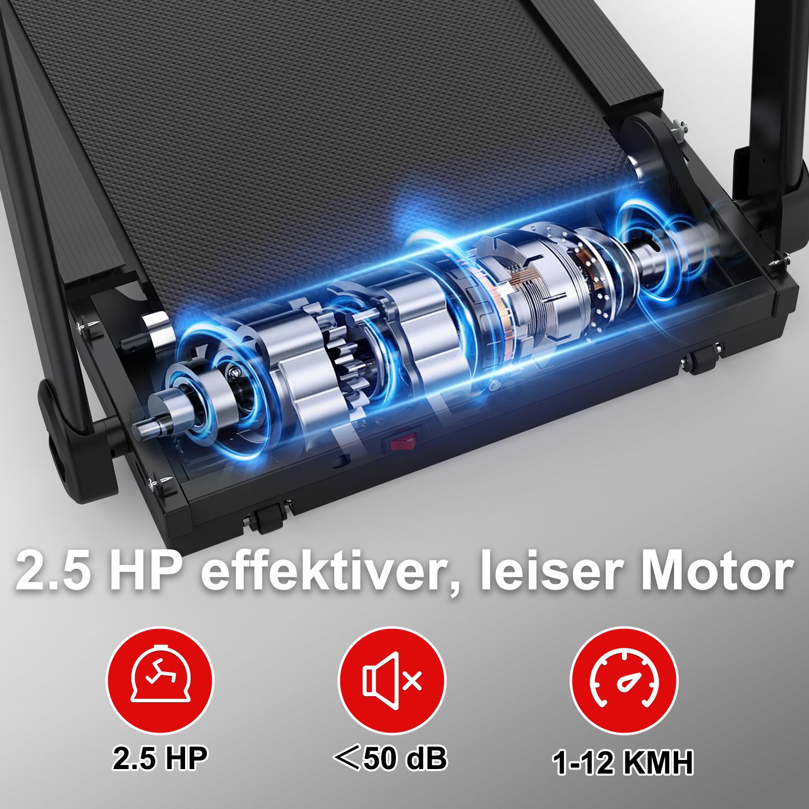 Vista dettagliata del motore di un tapis roulant. Testo: 2.5 HP, <50 dB, 1-12 KMH.