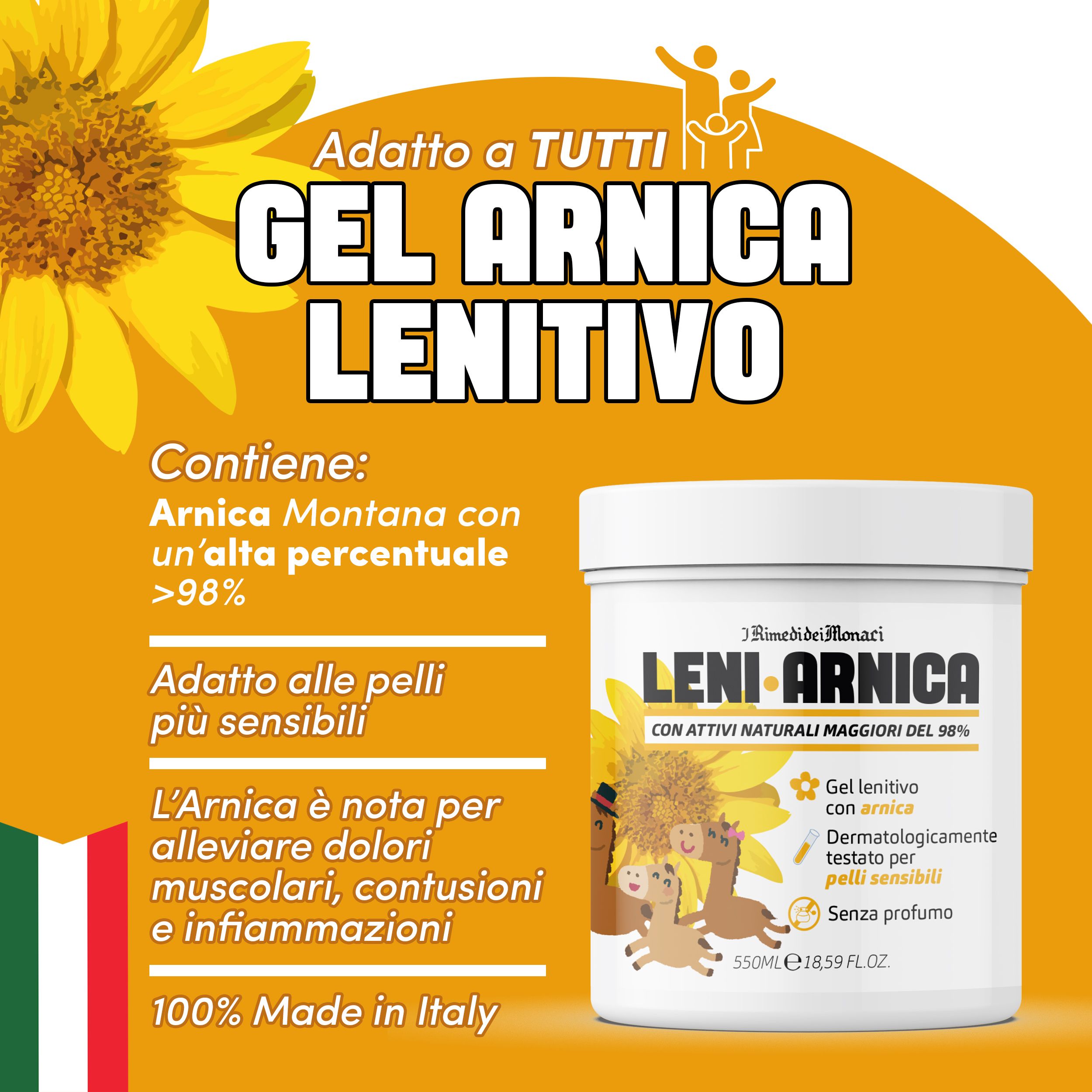 Vaso bianco con testo. Gel Arnica Lenitivo, dermatologicamente testato, senza profumo. Con girasoli e logo.