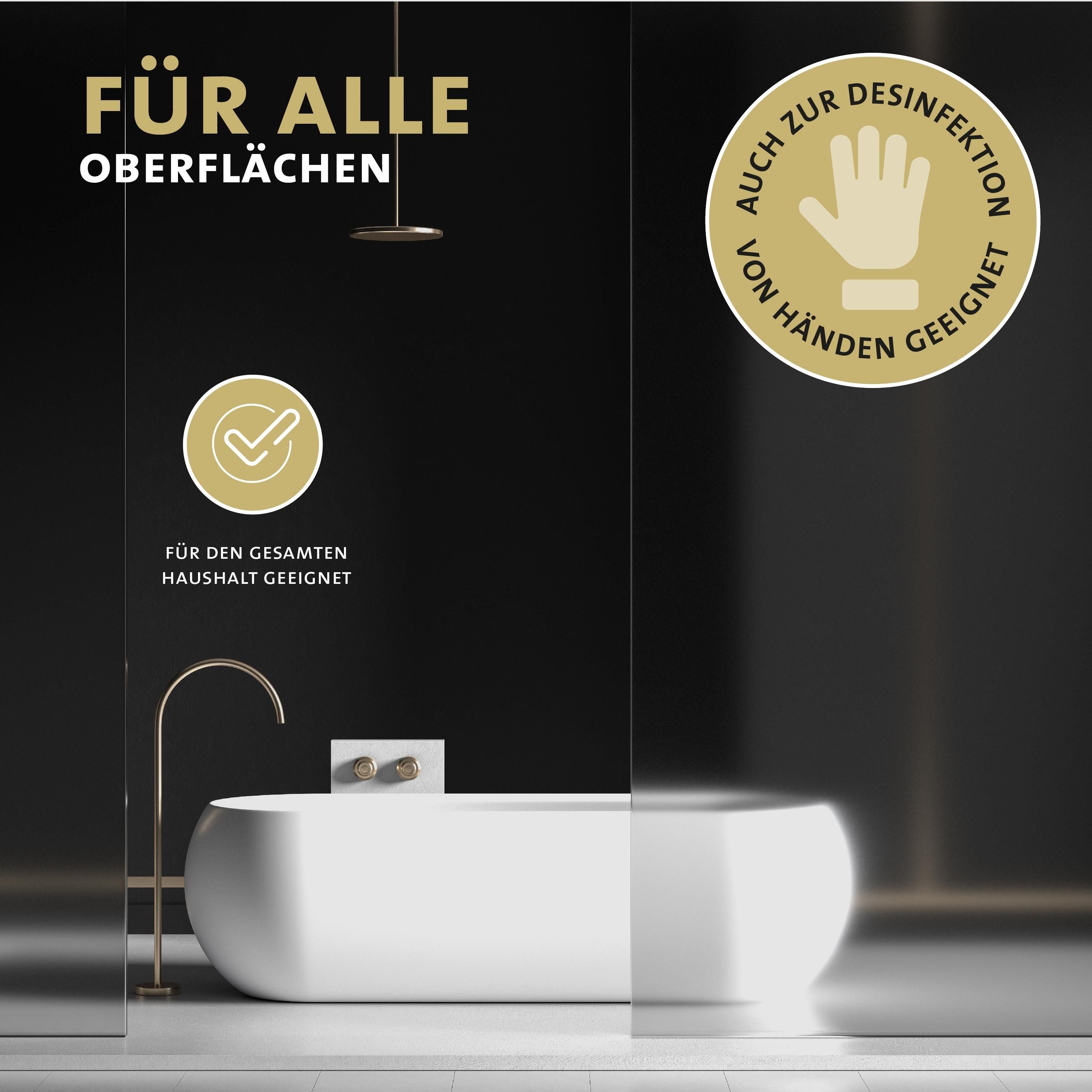 Bagno con indicazione Peticare "Per tutte le superfici" e disinfezione delle mani.