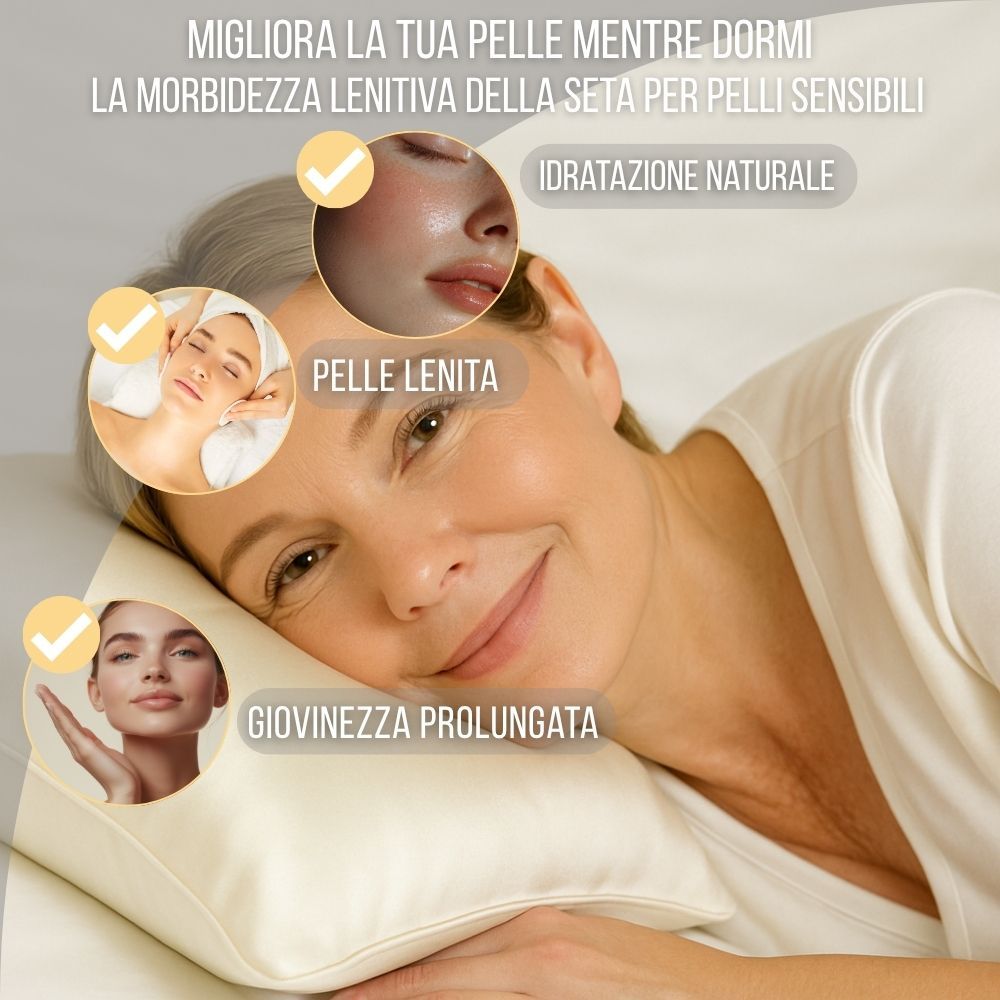 Donna con cuscino. Testo e grafica. Testo: « Migliora la tua pelle mentre dormi ». Federa in seta.